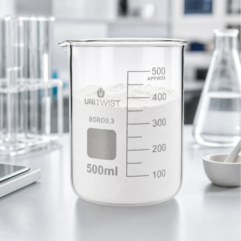 Zlewka 500 ml borokrzemianowa, niski kształt UNiTWIST Szklanka UNiTWIST o pojemności 500 ml, wykonana ze szkła BORO3.3, wypełniona białym proszkiem w warunkach laboratoryjnych