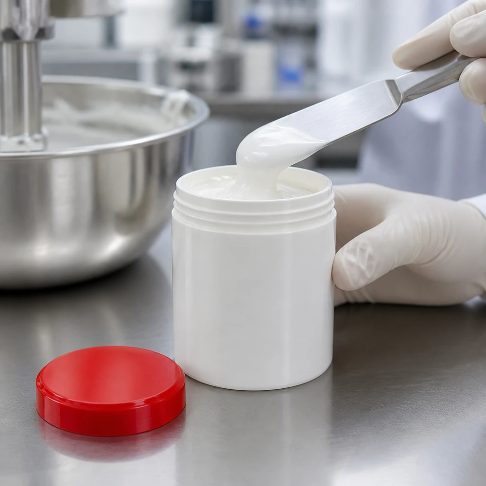 Napełnianie zgodnie z normami farmaceutycznymi białego słoiczka na maść o pojemności 10 g z czerwoną pokrywką z PP w laboratorium