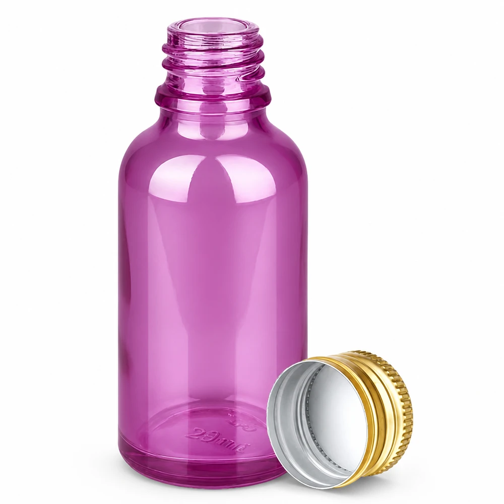 30 ml butelka z zakraplaczem z fioletowego szkła z gwintem 11 mm i złotą aluminiową pokrywką do olejków eterycznych