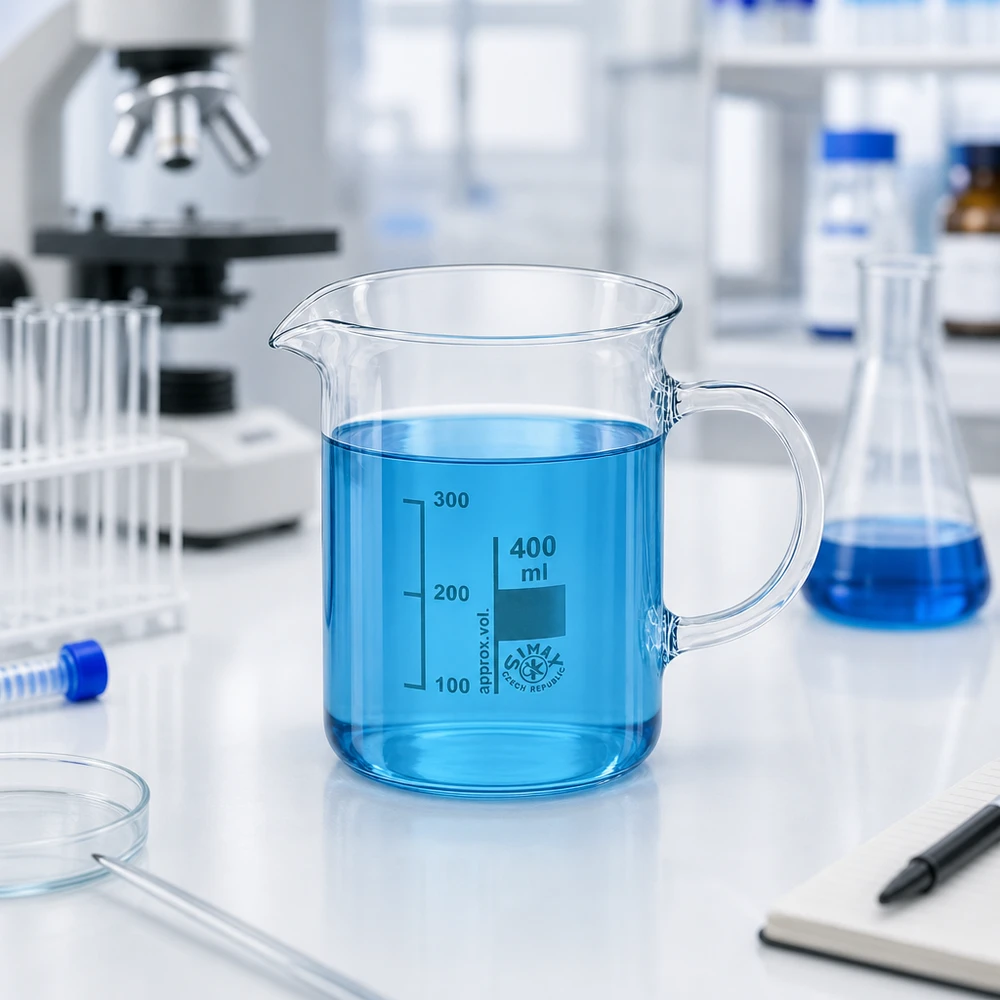 Zlewka 400 ml ze szkła borokrzemowego, z uchwytem Przezroczysta szklanka o pojemności 400 ml z uchwytem, wykonana z wysokiej jakości szkła borokrzemowego, przeznaczona do zastosowań laboratoryjnych