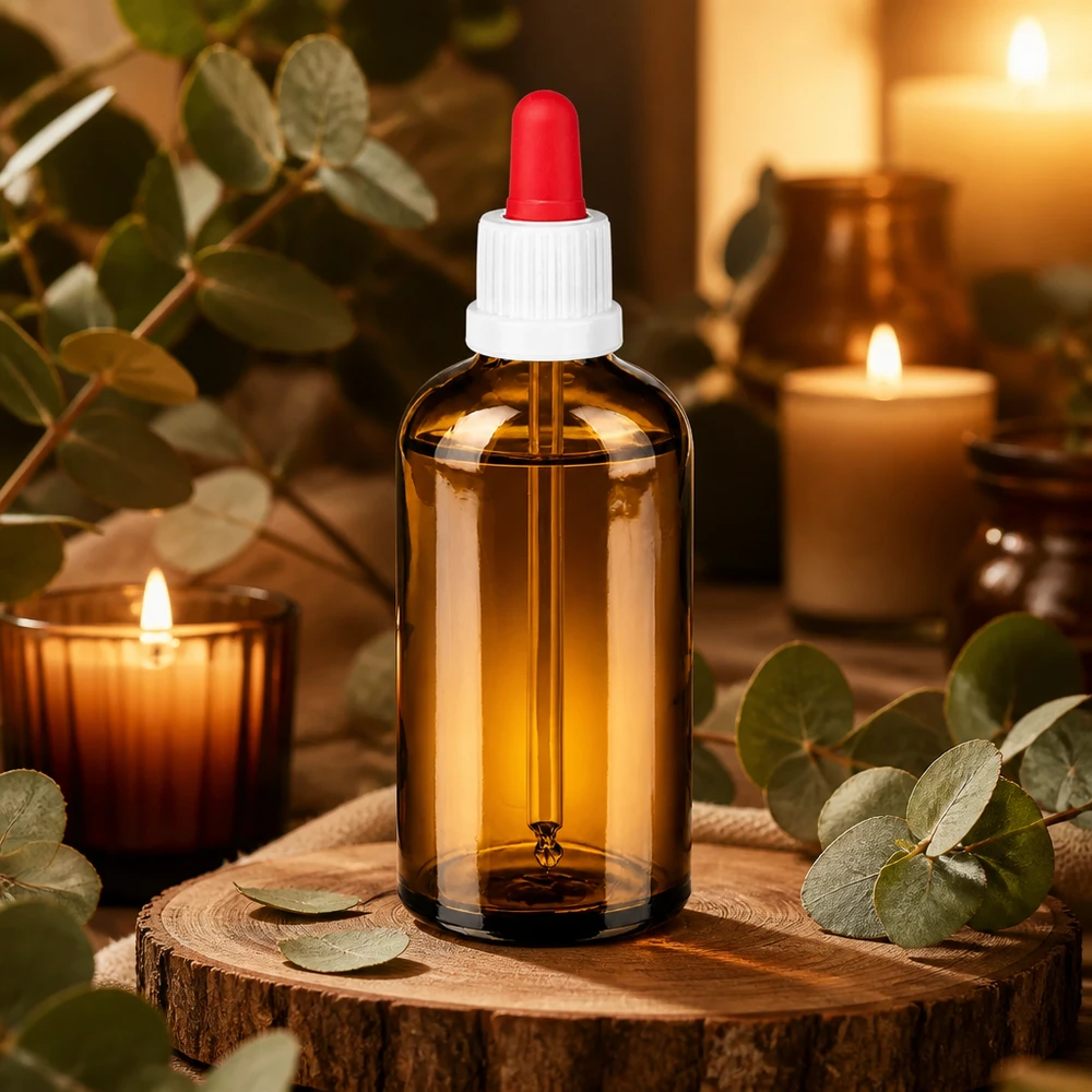 Butelka do leków płynnych 100 ml biała/czerwona OV BrownLine UT18/100 Butelka z pipetą o pojemności 100 ml wykonana z wysokiej jakości bursztynowego szkła z zakraplaczem do olejków eterycznych