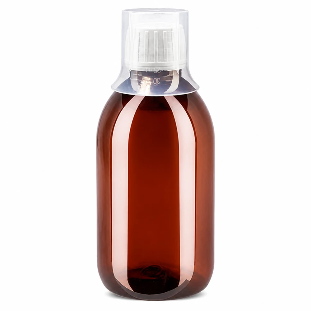 Butelka PET 250ml z białą nakrętką OV + kubek Pharmaflasche 250ml aus braunem PET mit weißem Originalverschluss und Dosierbecher