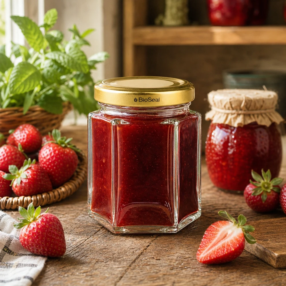 60g Honigglas mit goldenem Deckel BioSeal UNiTWIST Słoik miodu BioSeal 60 g wypełniony dżemem truskawkowym w kuchennej scenerii ze świeżymi truskawkami i miętą