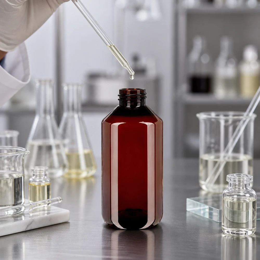 Butelka PET 750ml z białą nakrętką OV + kubek Brązowa butelka PET o pojemności 750 ml z białym oryginalnym zamknięciem i pipetą, przeznaczona do zastosowań laboratoryjnych