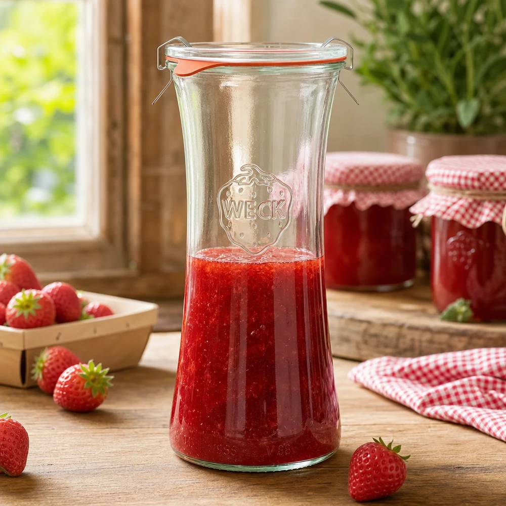 WECK RR80 700ml słoik delikatesowy wypełniony dżemem truskawkowym, słoik na przetwory z uchylnym wieczkiem w scenerii kuchennej
