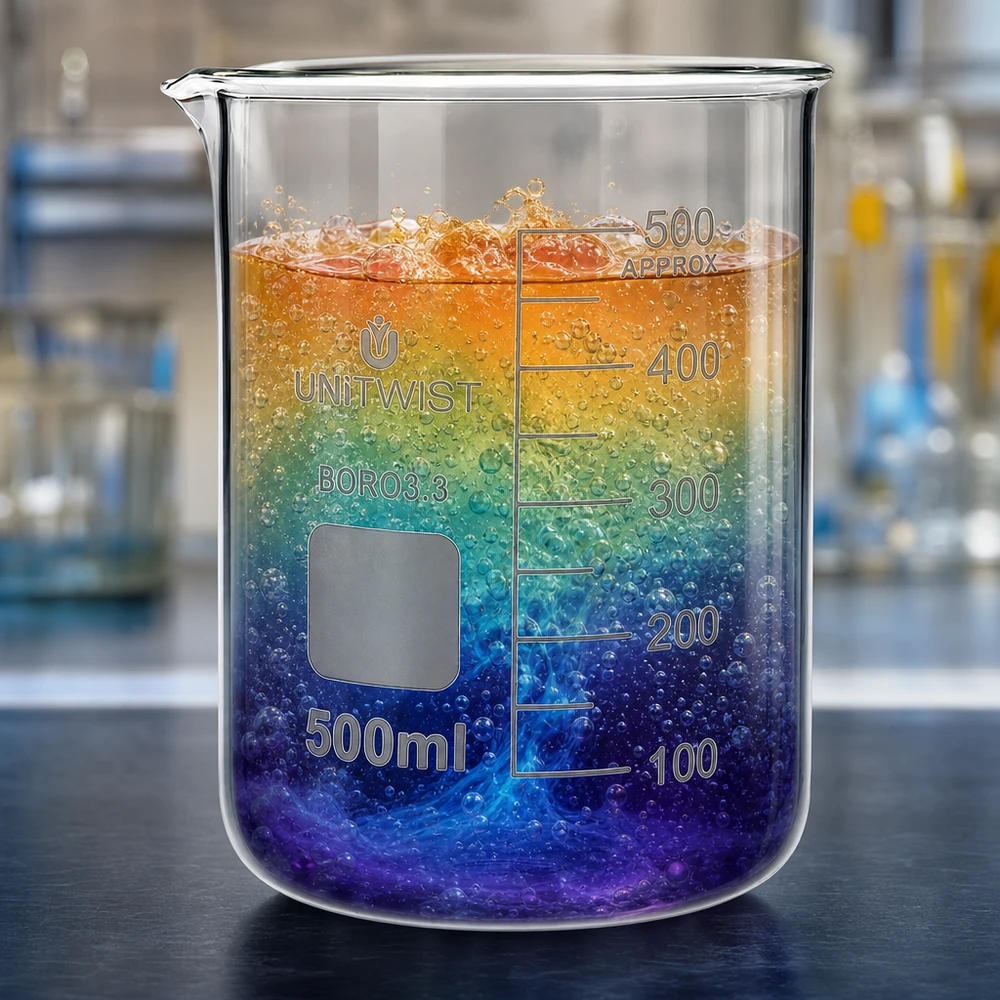 Zlewka 500 ml borokrzemianowa, niski kształt UNiTWIST Szklanka UNiTWIST o pojemności 500 ml, wykonana ze szkła borokrzemowego, o niskim kształcie, wypełniona kolorowym efektem tęczy