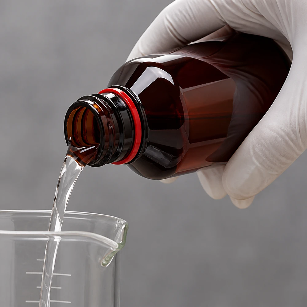 Laborant w białych rękawiczkach przelewa przezroczysty płyn z brązowej butelki PET o pojemności 750 ml do zlewki