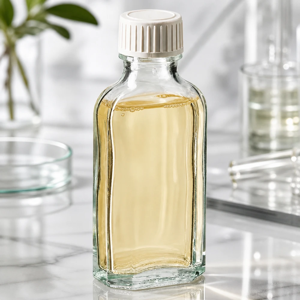 50 ml Przezroczysta zakrętka Meplat z wkładką z pianki PE Szklana butelka Meplat o pojemności 50 ml, wypełniona żółtawym olejem, z białym zakrętkiem