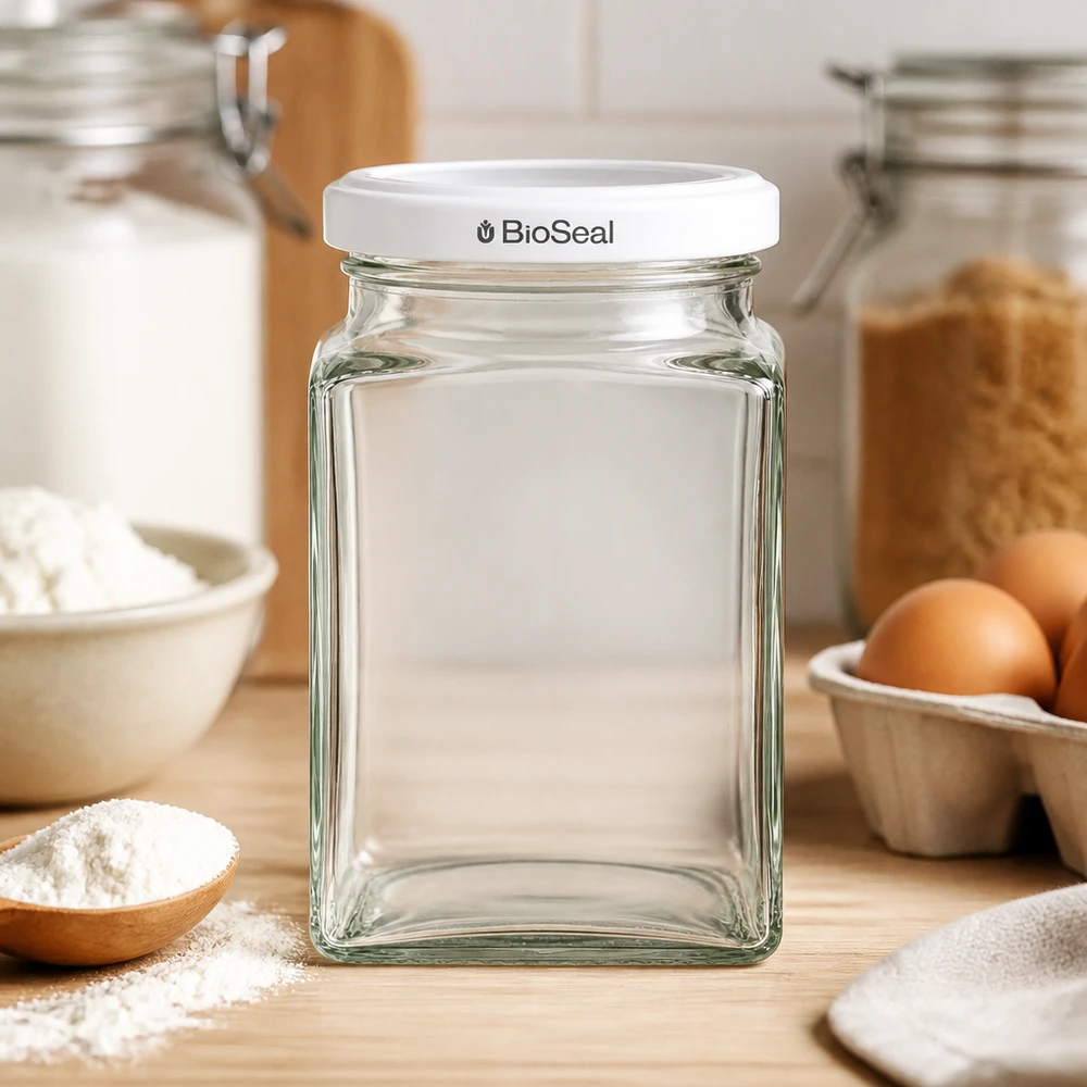 UNiTWIST Tetra260 z białą pokrywką TO58 BioSeal UNiTWIST Tetra260 Glasdose leer auf Holzbrett Küche Backzutaten Eier Mehl weißer TO58 BioSeal Deckel Backen