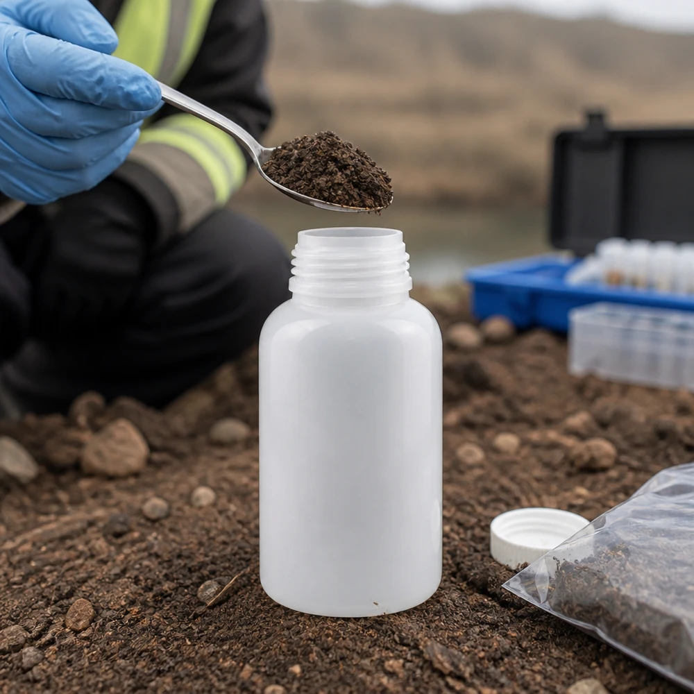 Pobieranie próbek terenowych za pomocą 500 ml butelki laboratoryjnej z szeroką szyjką podczas napełniania próbek gleby na świeżym powietrzu