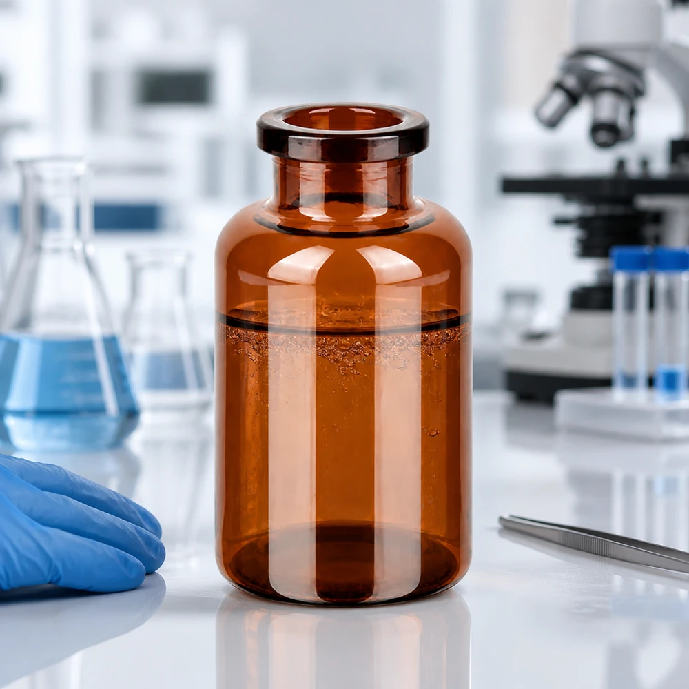 Butelka iniekcyjna z bursztynowego szkła 20 ml Lichtschützende Braunglas Injektionsflasche 20ml neben Mikroskop und Laborhandschuhen