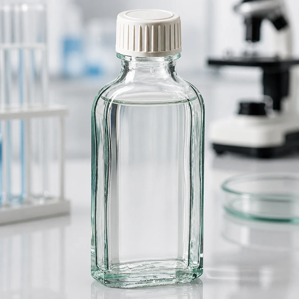 Prostokątna, przezroczysta szklana butelka Meplat o pojemności 50 ml z białą zakrętką na stole laboratoryjnym