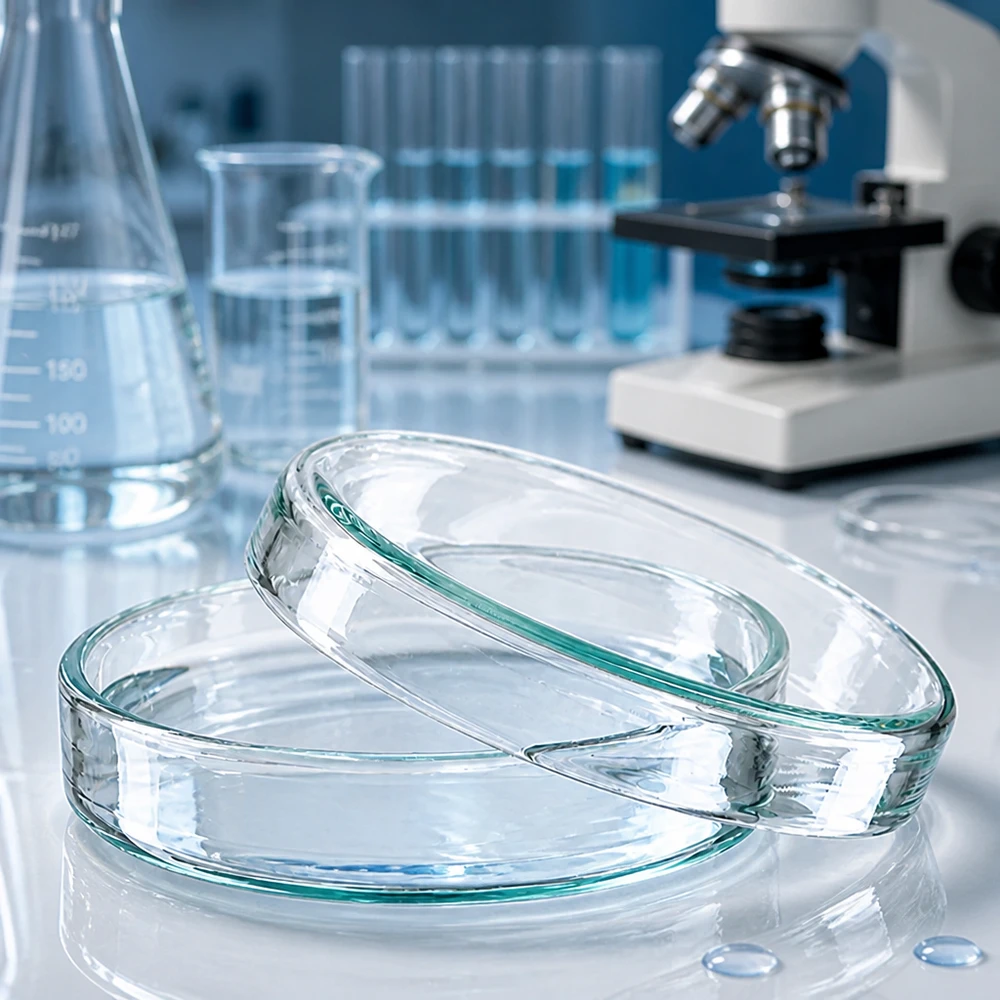Okrągłe szklane szalki Petriego 60 x 15 mm, płaska konstrukcja, do hodowli komórkowych i analiz mikrobiologicznych