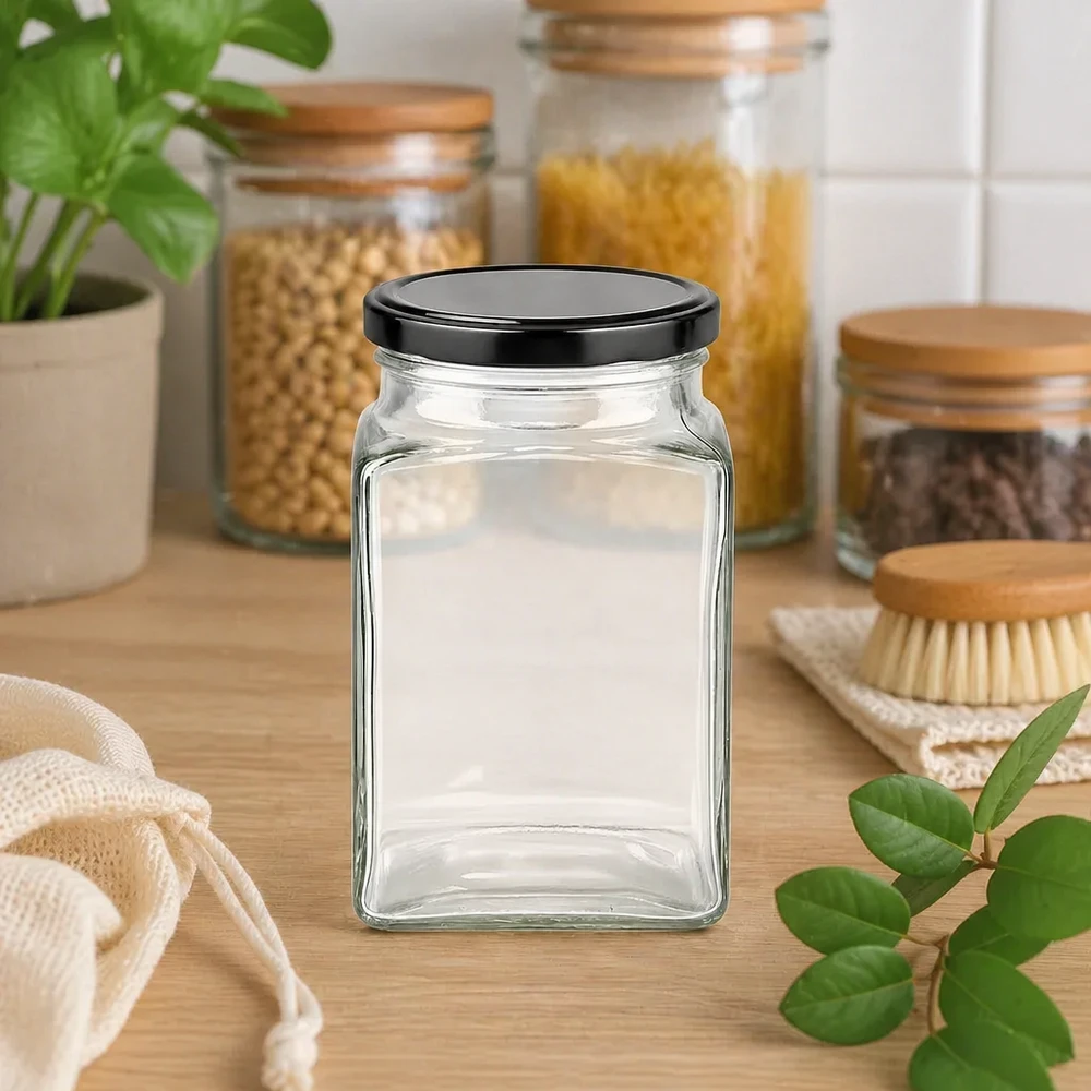 260 ml szklane opakowanie czworokątne z pokrywką BasicSeal w kolorze czarnym UN.. 260 ml szklane opakowanie czworokątne z pokrywką BasicSeal w kolorze czarnym UN..