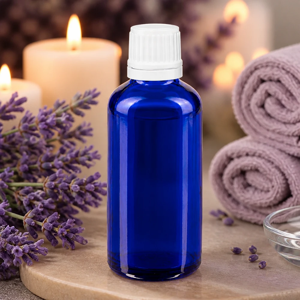 Butelka apteczna niebieska 50ml zakrętka biała OV Niebieska szklana buteleczka o pojemności 50 ml z białym zakraplaczem, umieszczona wśród kwiatów lawendy i świec
