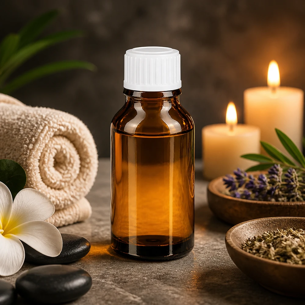 Buteleczka z olejkiem eterycznym 15 ml, ze szkła bursztynowego z białą pipetką – atmosfera spa i wellness