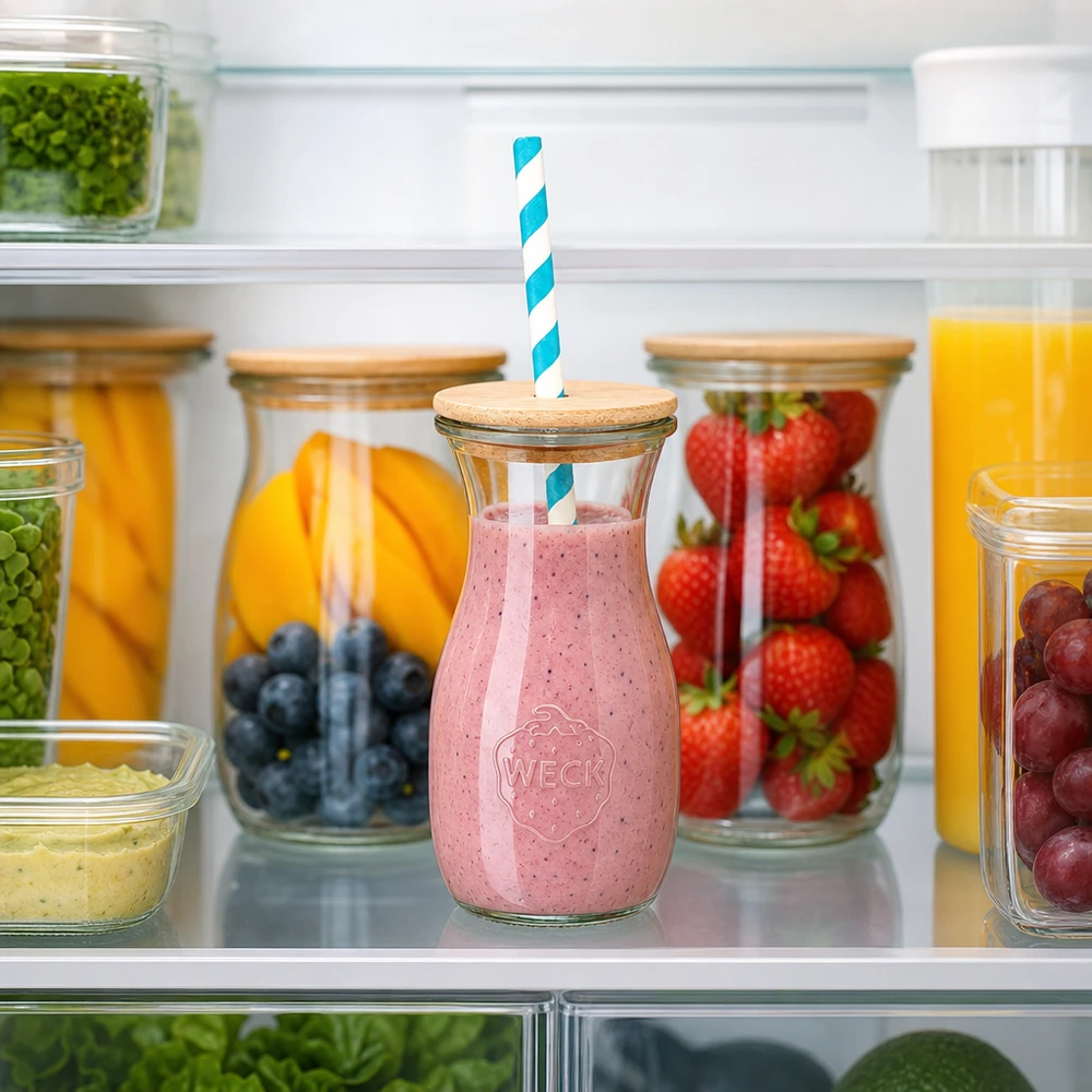 WECK butelka na sok 290ml z truskawkowym smoothie w lodówce między świeżymi owocami drewniana pokrywka papierowa słomka