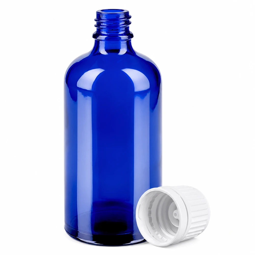 Szklana butelka 100 ml niebieska z zakrętką 11 mm biała do olejków eterycznych i kosmetyków