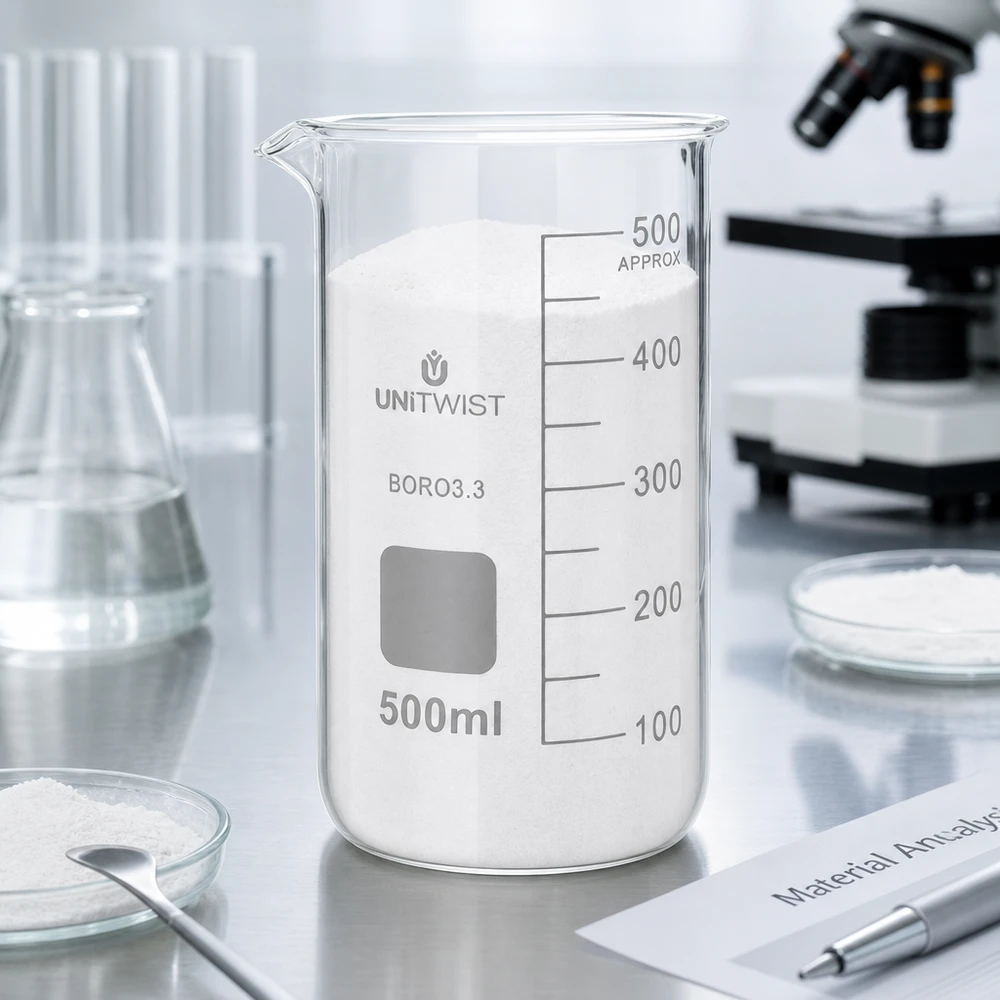 Szklanka UNITWIST o pojemności 500 ml, o wysokim kształcie, wypełniona białym proszkiem, stojąca na laboratoryjnym stole ze stali nierdzewnej