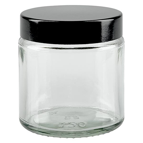 Przezroczysty szklany słoik 120 ml z czarną bakelitową pokrywką ApoGlas. Farmaceutyczna jakość produkcji UE. Bezpieczny dla żywności. Elegancka prezentacja zawartości. Przezroczysty szklany słoik 120 ml z czarną bakelitową pokrywką ApoGlas. Farmaceutyczna jakość produkcji UE. Bezpieczny dla żywności. Elegancka prezentacja zawartości.