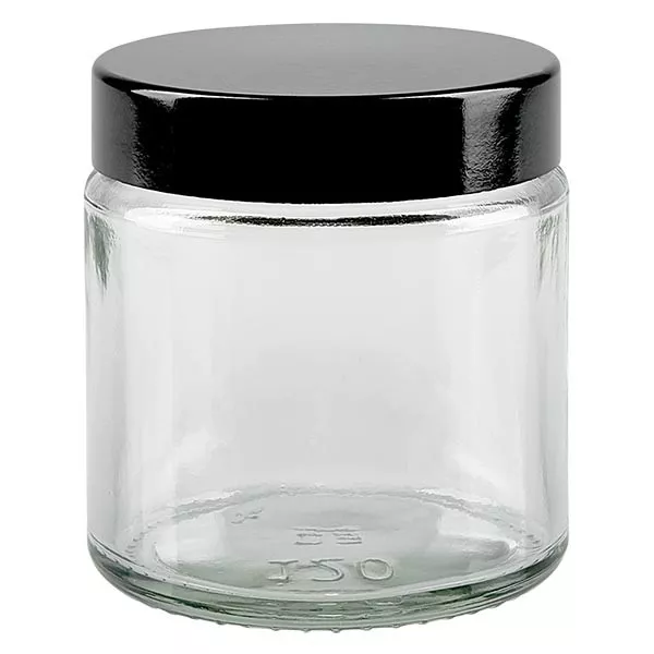 Przezroczysty szklany słoik 120 ml z czarną bakelitową pokrywką ApoGlas. Farmaceutyczna jakość produkcji UE. Bezpieczny dla żywności. Elegancka prezentacja zawartości. Przezroczysty szklany słoik 120 ml z czarną bakelitową pokrywką ApoGlas. Farmaceutyczna jakość produkcji UE. Bezpieczny dla żywności. Elegancka prezentacja zawartości.