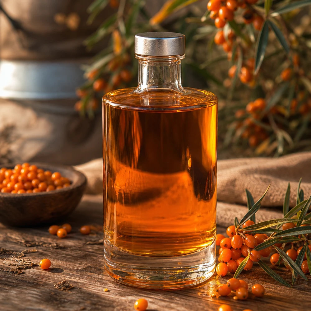 Szklana butelka Sam o pojemności 375 ml wypełniona olejem z rokitnika w kolorze pomarańczowym pomiędzy jagodami rokitnika i naturalną dekoracją.