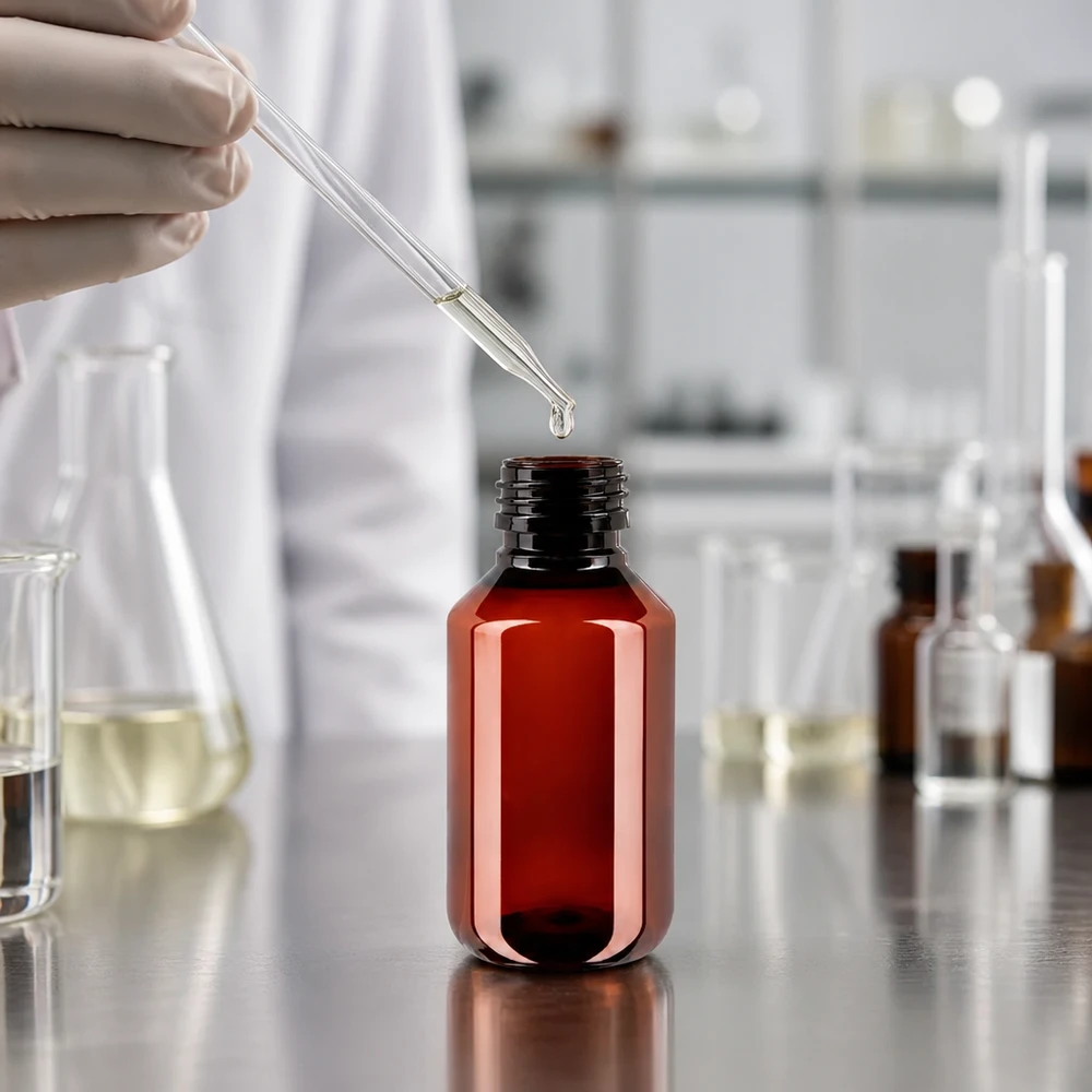 Butelka PET 100ml PP28 bez zakrętki Brązowa butelka z tworzywa sztucznego o pojemności 100 ml, z gwintem PP28, napełniana w laboratorium za pomocą pipety