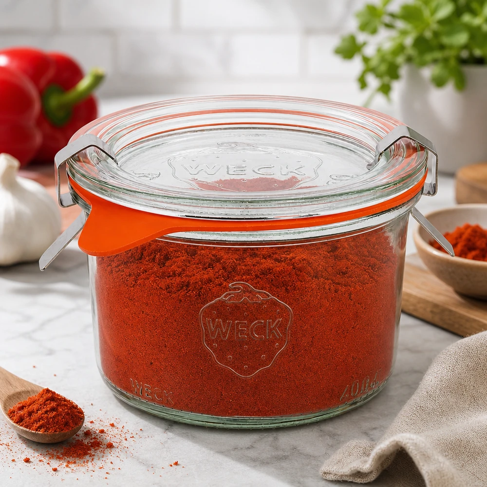 Kubki 200 ml w komplecie WECK RR80 Pojemniki WECK 200ml RR80 wypełnione papryką w proszku to idealne miejsce do przechowywania przypraw w nowoczesnej kuchni.
