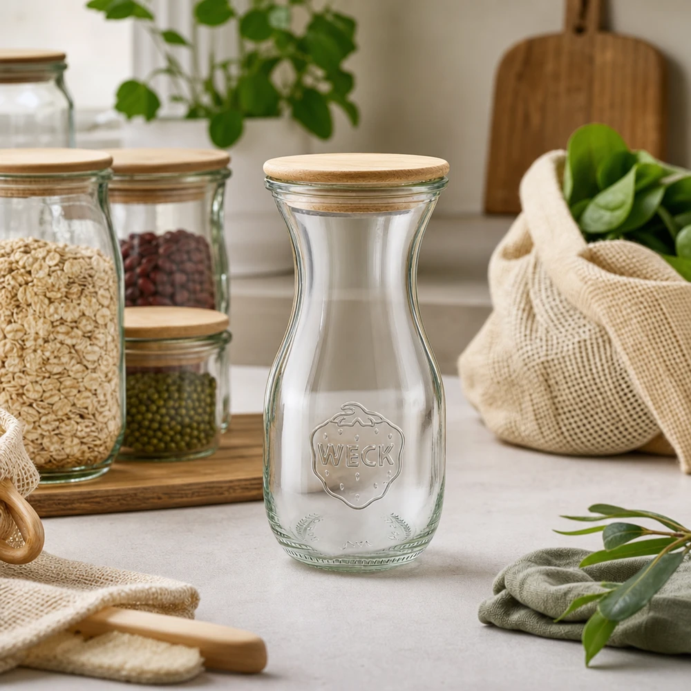 Butelka na sok 290 ml WECK z drewnianą pokrywką Butelka na sok WECK 290 ml z drewnianą pokrywką w kuchni zero waste ze słoikami do przechowywania i workami jutowymi