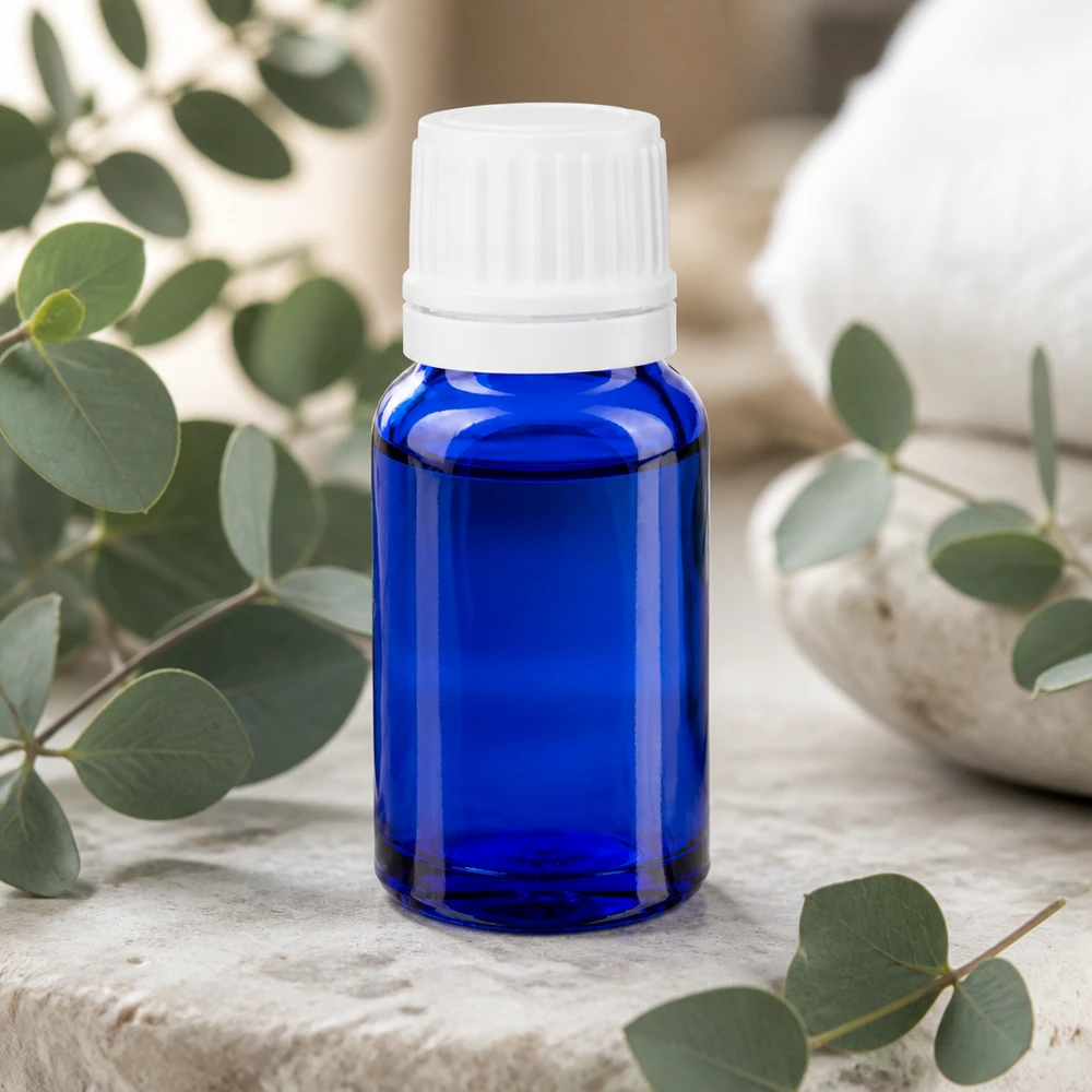 Niebieska buteleczka apteczna o pojemności 10 ml z białym zamknięciem OV 11 mm do aromaterapii i kosmetyków naturalnych