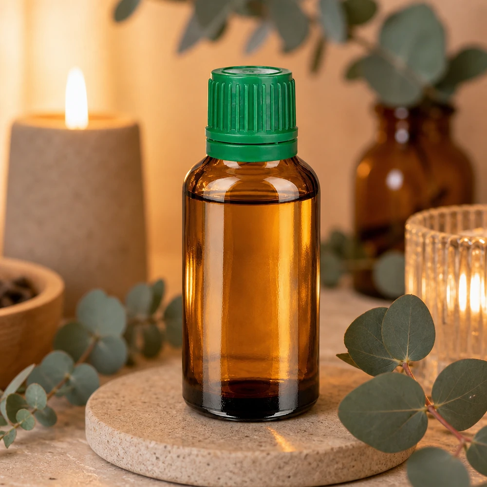 Butelka 30 ml 11 mm SV zielona OV BrownLine UT18/30 Wysokiej jakości butelka aptekarska o pojemności 30 ml wykonana z brązowego szkła z zieloną zakrętką do aromaterapii
