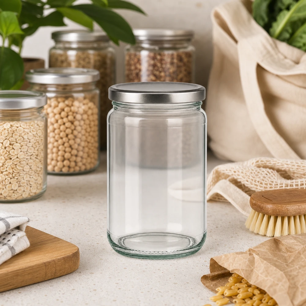 Okrągły słoik 305 ml pusty z pokrywką BasicSeal w zrównoważonej kuchni zero waste ze słoikami do przechowywania i produktami ekologicznymi
