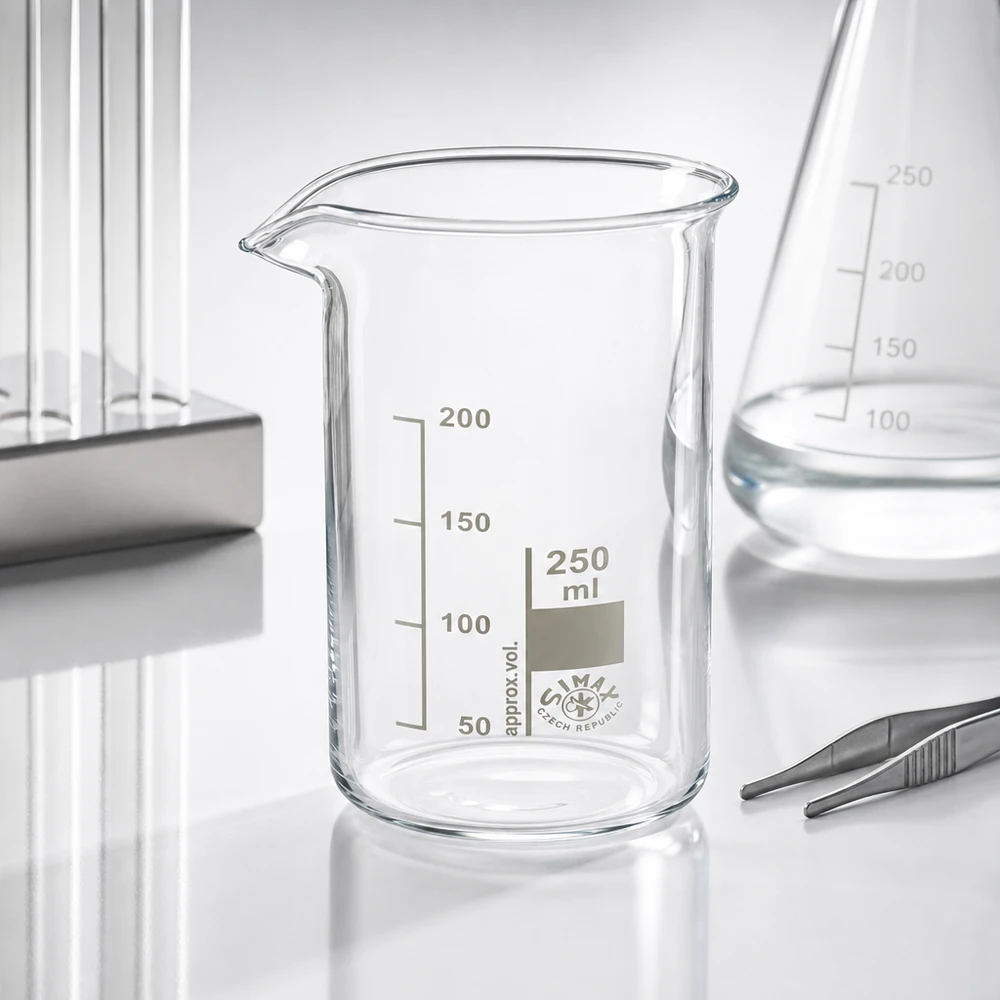 Zlewka 250 ml ze szkła borokrzemowego, wysoka Szklanka Simax o pojemności 250 ml, wysoka, ze szkła borokrzemowego, z dziobkiem, obok kolby Erlenmeyera i pęsety