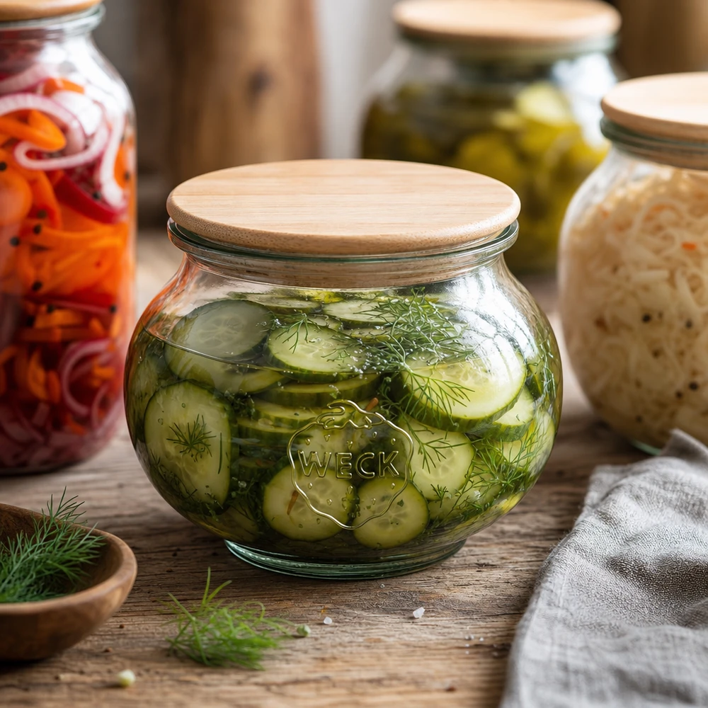Dekoracyjny słoik WECK 560ml RR80 z drewnianą pokrywką wypełniony kiszonym ogórkiem i koperkiem w rustykalnej kuchni fermentacyjnej