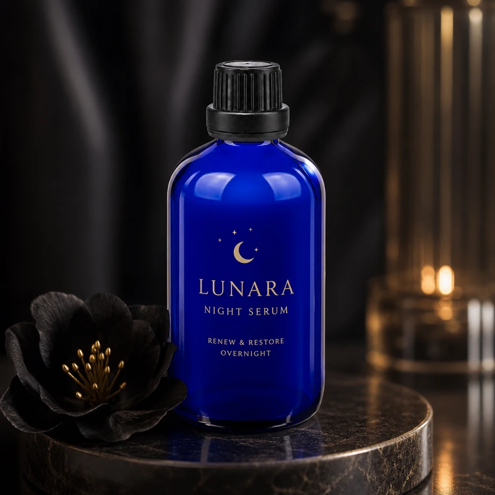 Niebieska szklana butelka o pojemności 100 ml z czarnym zakraplaczem jako opakowanie na serum na noc