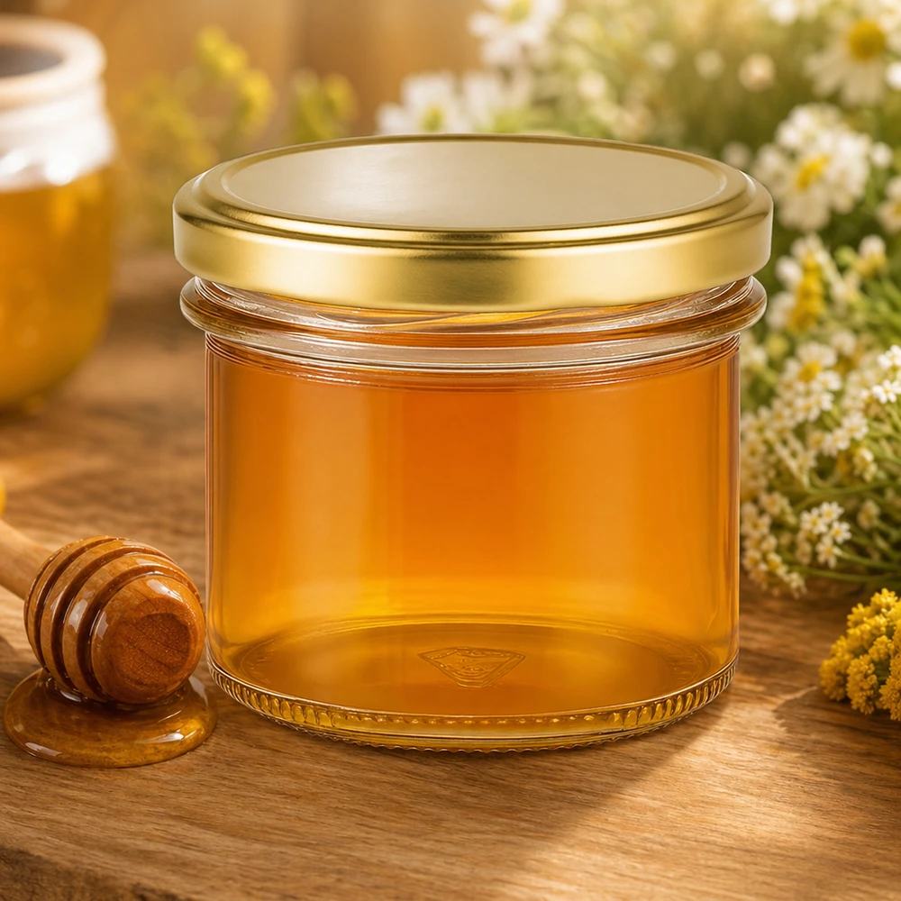 Słoik z pokrywką BasicSeal, złoty UNiTWIST 125ml Sturzglas gefüllt mit goldgelbem Honig neben Honiglöffel und Blumen - perfekt für Imkerei und Geschenke