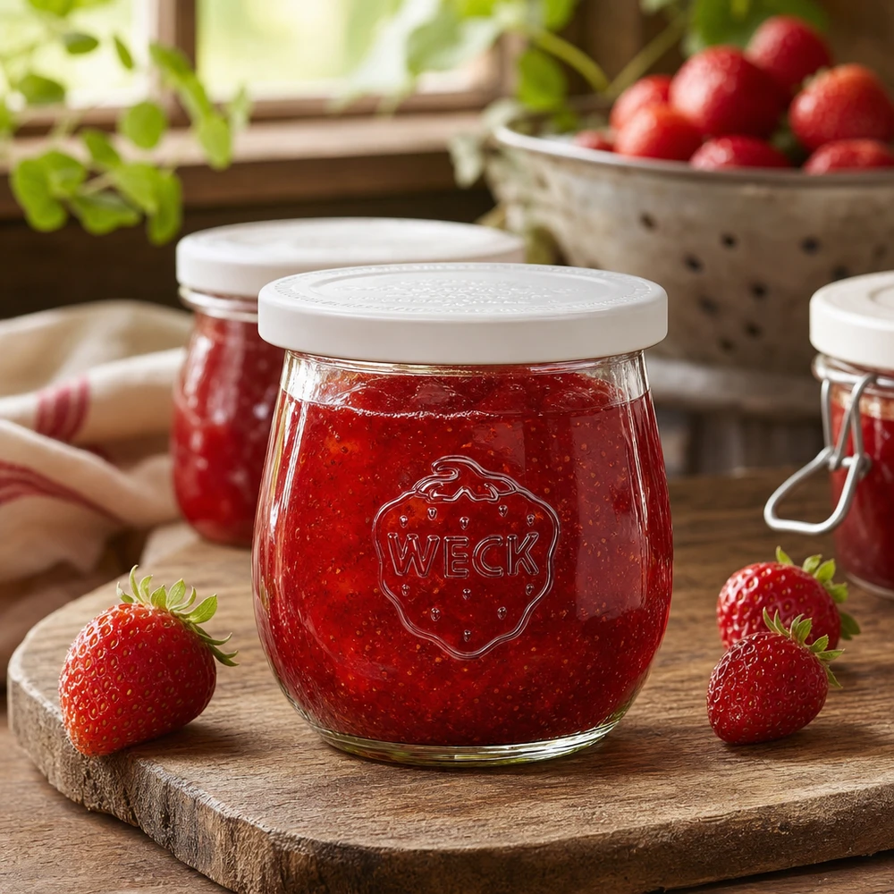 WECK słoik tulipan 220ml RR60 wypełniony dżemem truskawkowym na drewnianej desce - słoik na przetwory utrzymany w stylu rustykalnej kuchni