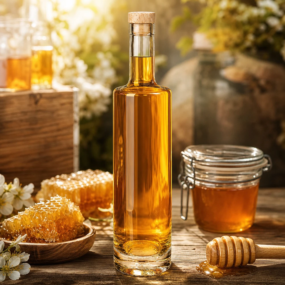 Glasflasche Lina 500ml mit Honig befüllt neben Bienenwaben und Honigglas rustikale Küchendeko mit Holzkorken