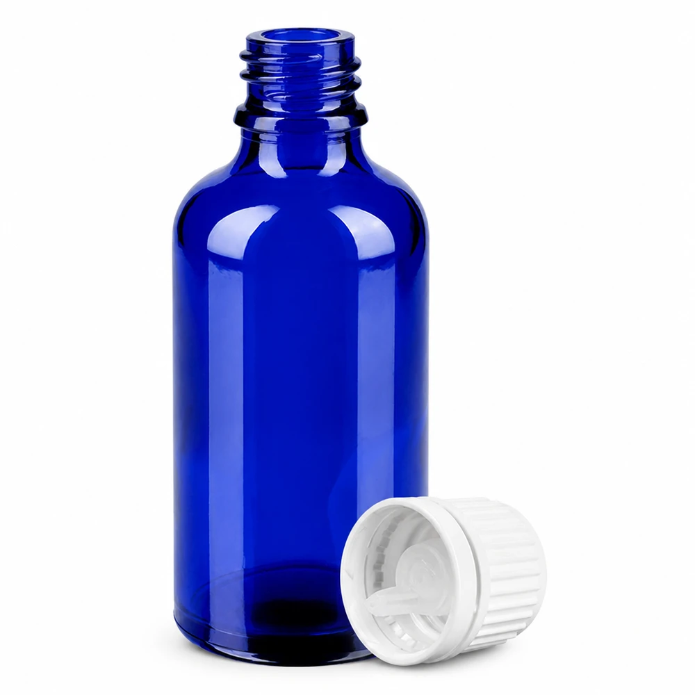 Butelka z zakraplaczem o pojemności 50 ml wykonana z wysokiej jakości szkła w kolorze kobaltowo-niebieskim z otworem 0,7 mm UT18/50