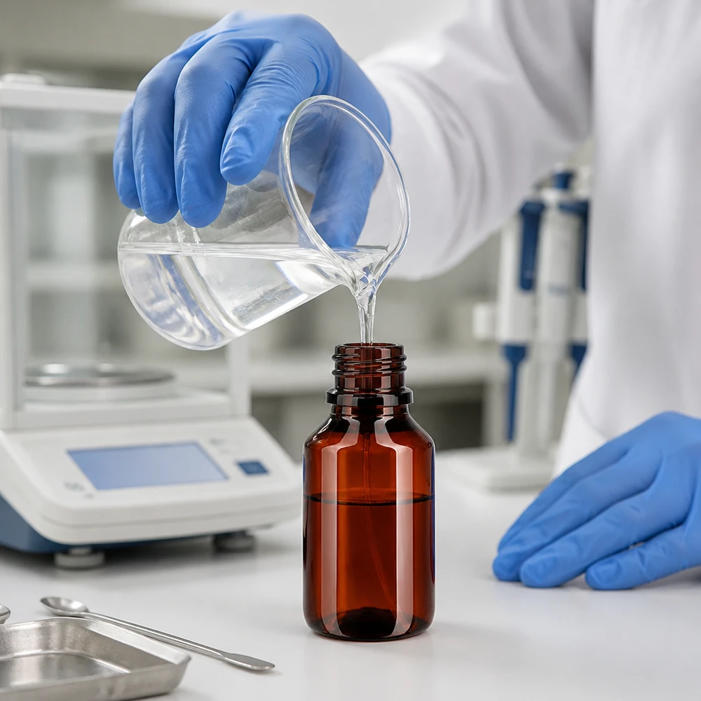 Laborprozess zur Herstellung von Kosmetikfluid in kleiner Braunflasche mit Schutzhandschuhen