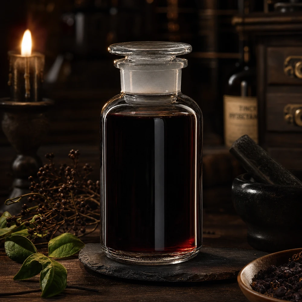 Butelka apteczna o pojemności 500 ml, z szeroką szyjką, wykonana z przezroczystego szkła, z korkiem, wypełniona ciemną nalewką