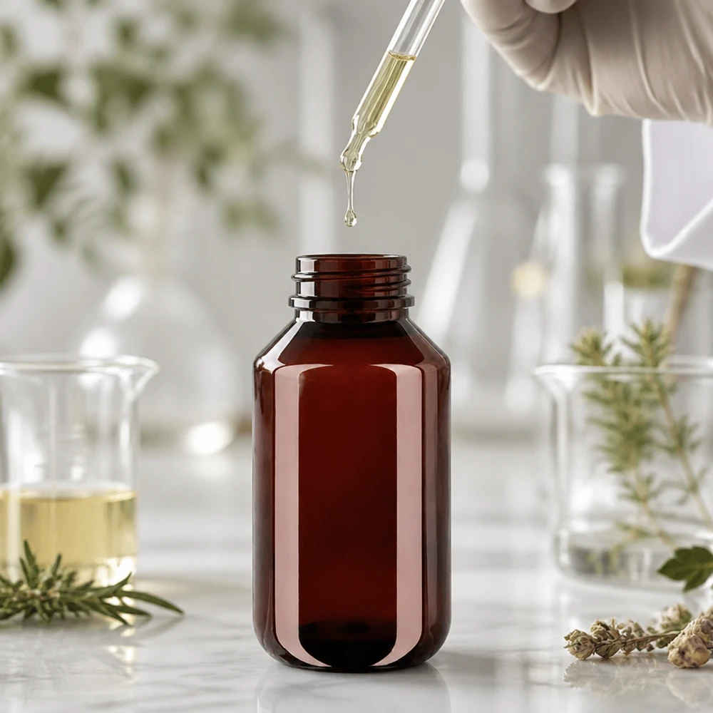 Brązowa butelka PET o pojemności 100 ml z pipetą na tle nowoczesnego laboratorium i ziół leczniczych