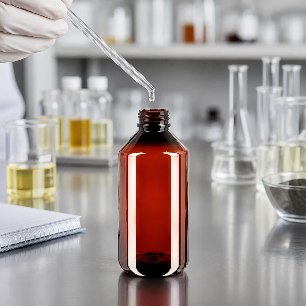 Butelka PET 750 ml z brązową nakrętką OV Brązowa butelka PET o pojemności 750 ml z ochroną przed światłem i zamknięciem zabezpieczającym OV w laboratorium