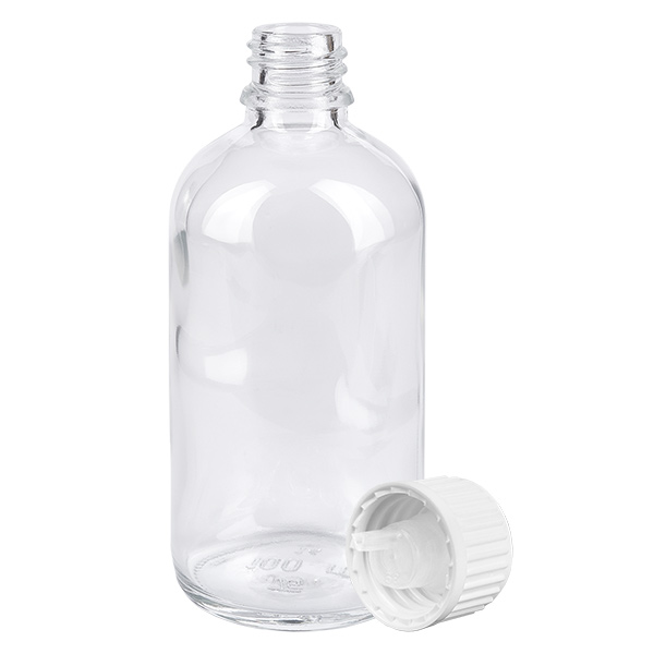 Butelka z kroplomierzem 100 ml 0,9 mm biały STD ClearLine UT18/100 Pusta szklana butelka o pojemności 100 ml z białym zakrętką z zabezpieczeniem przed dziećmi i otworem 0,9 mm, seria ClearLine