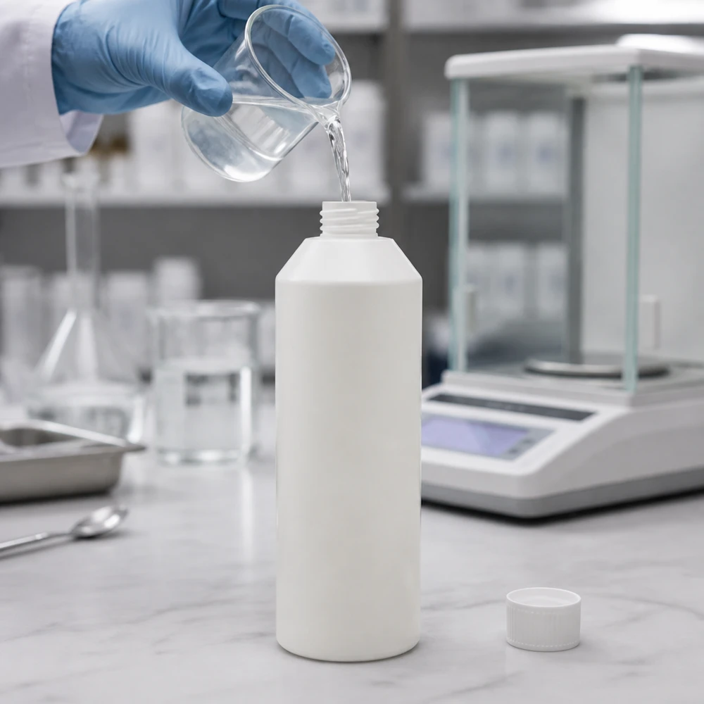 Biała butelka z HDPE o pojemności 250 ml, o cylindrycznym kształcie, bez nakrętki, przeznaczona do zastosowań farmaceutycznych