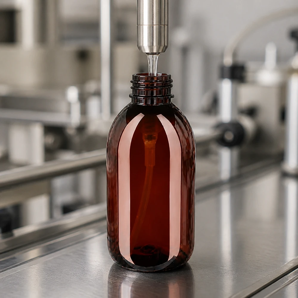Butelka PET 250ml z pompką dozującą biała Hochglänzende braune 250ml PET Flasche mit Gewinde in pharmazeutischer Abfüllanlage aus Edelstahl