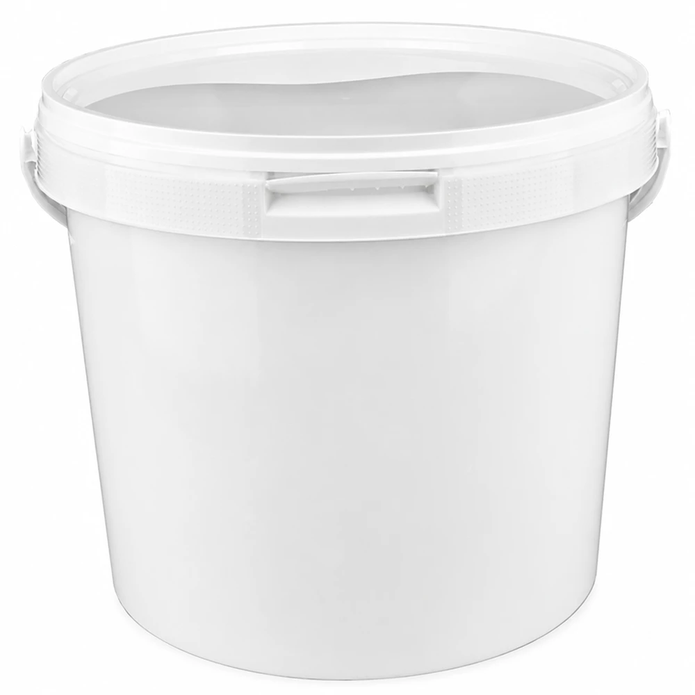 Wiadro o pojemności 5,6 l wykonane z białego tworzywa PP z pokrywką Białe wiadro z tworzywa sztucznego o pojemności 5,6 l z pokrywką, wykonane z tworzywa PP dopuszczonego do kontaktu z żywnością