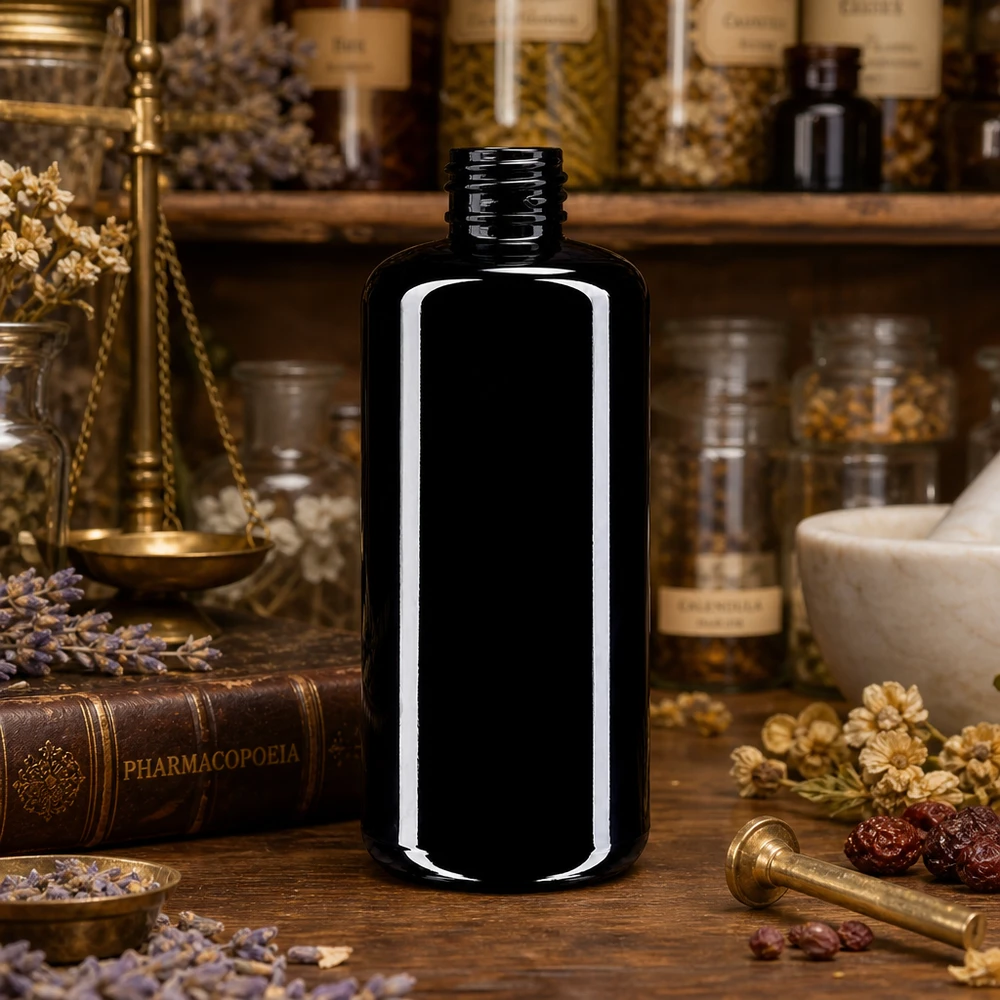 Fioletowa szklana butelka 200ml 410/24 Wysokiej jakości szklana butelka kosmetyczna Draco o pojemności 200 ml i smukłym cylindrycznym kształcie do profesjonalnych zastosowań