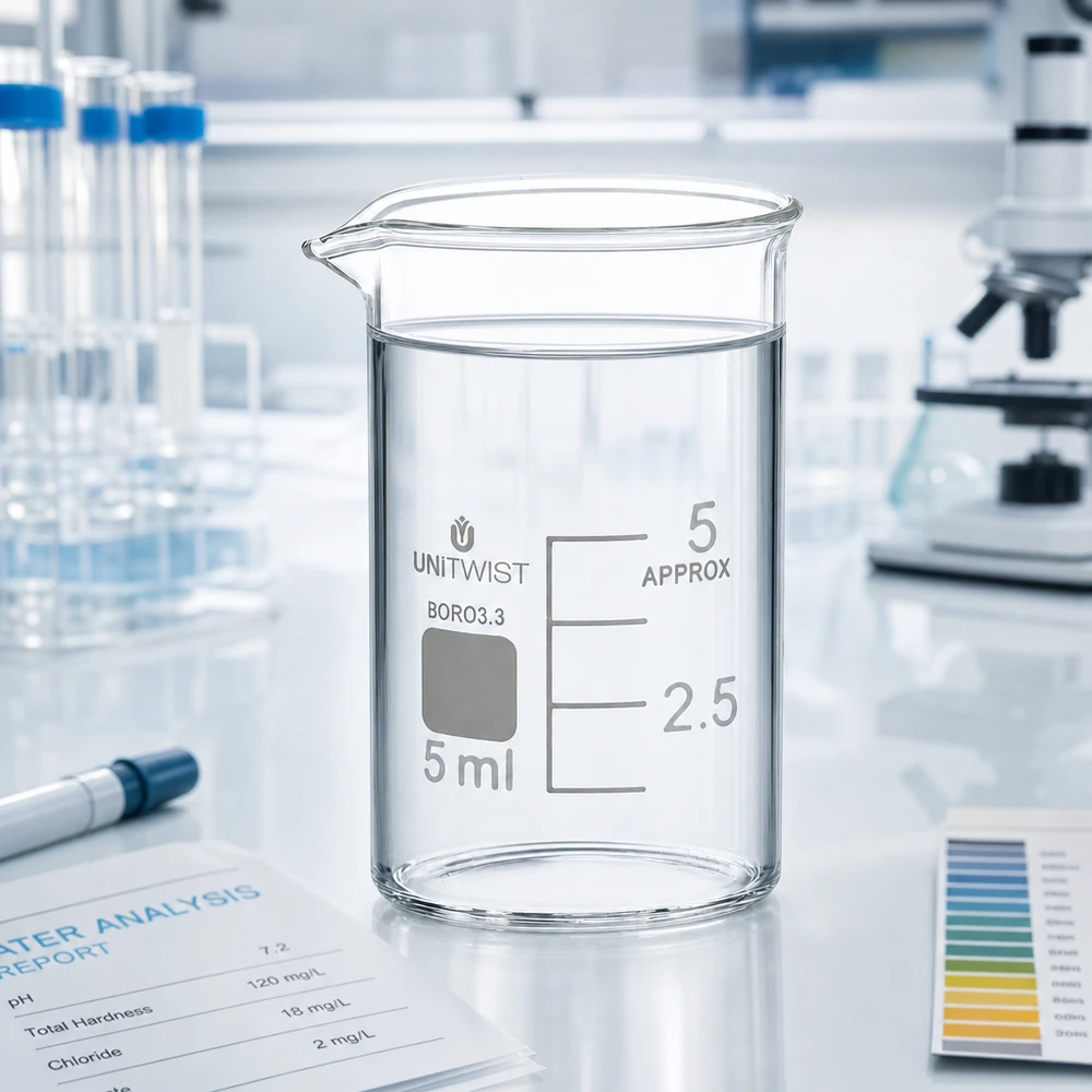 Zlewka 5 ml borokrzemianowa, niska forma UNiTWIST Szklanka UNiTWIST 5 ml z borokrzemianu 3.3 o niskim profilu wraz z raportem z analizy wody przeprowadzonej w laboratorium