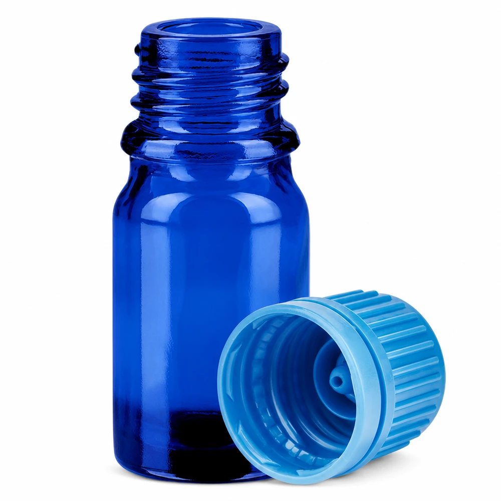 Mała szklana butelka 5 ml w kolorze kobaltowym z gwintem do aromaterapii i farmacji